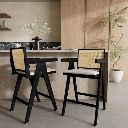 Modern Dining Chairs,Sturdy Rubberwood Frame with Woven Cane Backrest,Set of 2,Stylish Simple Natural Design,Applicable To Front Porch,Outdoor Lounge,Kitchen Island Bar Stools,Versatile Use,BlackNatur