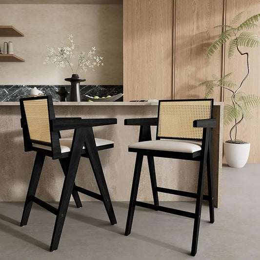 Modern Dining Chairs,Sturdy Rubberwood Frame with Woven Cane Backrest,Set of 2,Stylish Simple Natural Design,Applicable To Front Porch,Outdoor Lounge,Kitchen Island Bar Stools,Versatile Use,BlackNatur