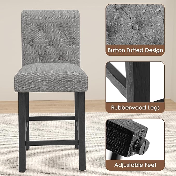 LSSBOUGHT 24 Inches Upholstered Counter Height Bar Stools Kitchen Island Chairs Padded Barstools with Button-Tufted Back and Solid Wood Legs Set of 2（Gray）
