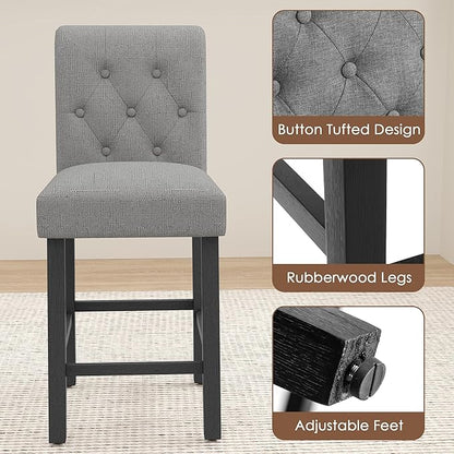 LSSBOUGHT 24 Inches Upholstered Counter Height Bar Stools Kitchen Island Chairs Padded Barstools with Button-Tufted Back and Solid Wood Legs Set of 2（Gray）