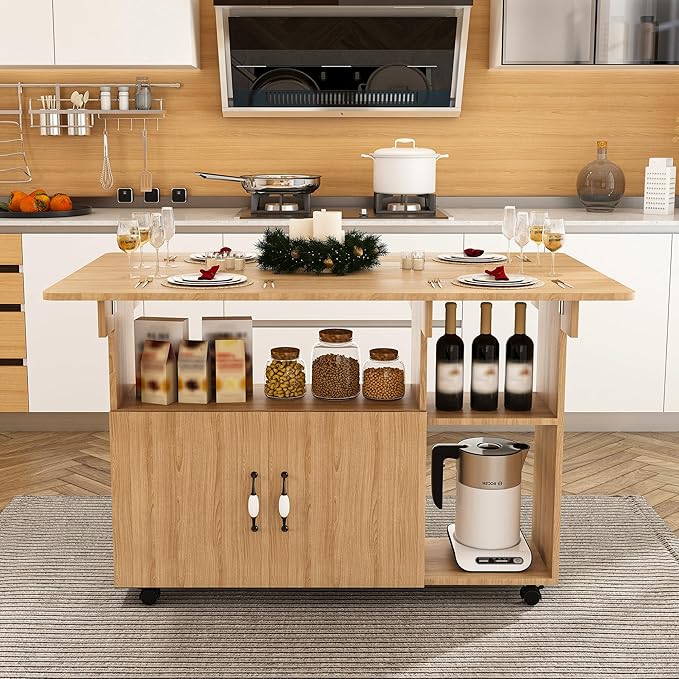 47" Folding Dining Table with Storage Shelves & Multi-Functional Rolling Kitchen Island on Wheels, Compact Desk for Small Spaces, Kitchen, Dining Room, Work, Ancient Oak