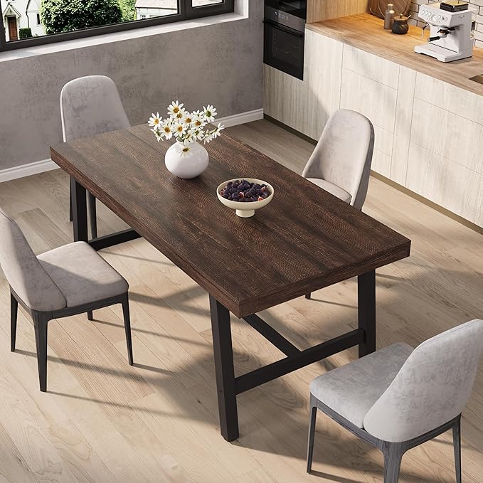 GarveeHome 63 Inch Apartment Kitchen Table for 4-6 People, Industrial Rectangular Table for Dining Room, Heavy Duty Metal Frame, Dark Rustic Birch