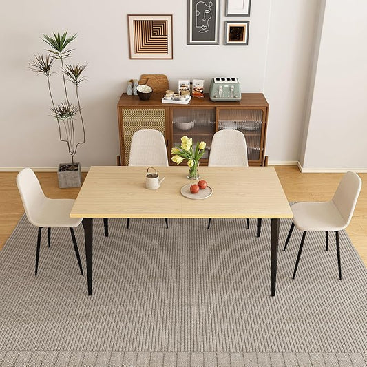 Dining Table Set with 4 Beige Dining Chairs, Rust-Resistant Iron Legs, Rectangular Kitchen Table for Dining Room & Patio(63 in Table and 4 Chairs)