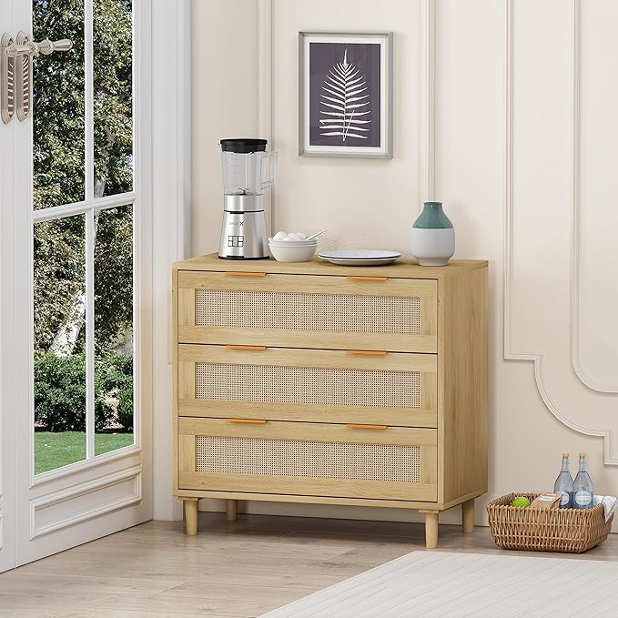 GDFStudio 31.5" Rattan Storage Cabinet with 3 Drawers, Modern Farmhouse Sideboard Buffet Cabinet, Wood Credenza Console Table for Living Room Dining Room Kitchen Hallway, Easy Assembly, Oak