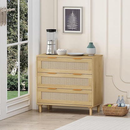 GDFStudio 31.5" Rattan Storage Cabinet with 3 Drawers, Modern Farmhouse Sideboard Buffet Cabinet, Wood Credenza Console Table for Living Room Dining Room Kitchen Hallway, Easy Assembly, Oak