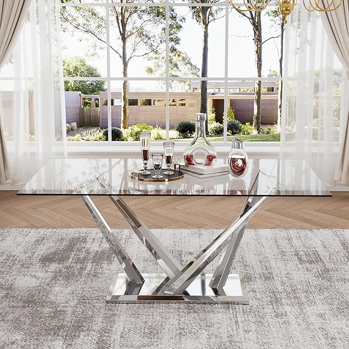 63'' Rectangular Glass Dining Table for 4-6, Luxury Kitchen Table with Tempered Glass and Aesthetic Silver Stainless Steel Base, Modern Dinner Table for Home, Apartment