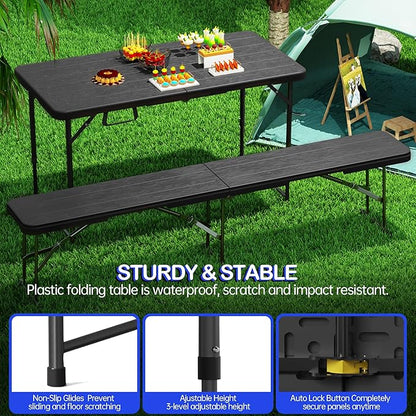 Folding Table 4 Foot for Indoor Outdoor, Portable Heavy Duty Fold-in-Half Utility Small Plastic Adjustable Height Folding with Carrying Handle for Picnic Camping and Party, Matte Black