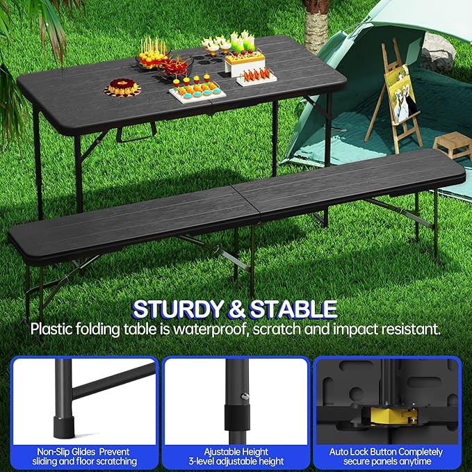 Set of 2Folding Table 4 Foot for Indoor Outdoor, Portable Heavy Duty Fold-in-Half Utility Small Plastic Adjustable Height Folding with Carrying Handle for Picnic and Party, 2 Pack Matte Black