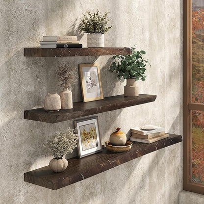 Floating Shelves Set of 2, Solid Elm Wood Wall Shelves 36 Inch - Invisible Bracket Mount for Living Room, Bedroom, Kitchen, Bathroom - Brown