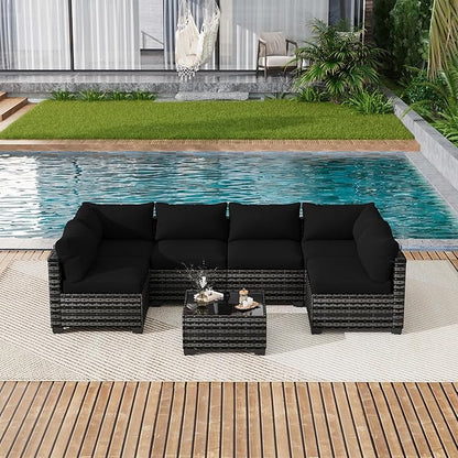 LOUVIXA 7 Piece Outdoor Patio Furniture Set, Outdoor Sectional Sofa, Wicker Rattan Patio Furniture, Patio Conversation Set with Coffee Table & Cushions