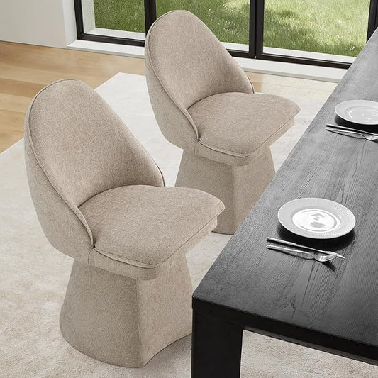 KISLOT Swivel Dining Chairs Set of 2, Upholstered Mid Century Modern Deskchair with Round Back, Linen Fabric Kitchen Chairs for Dining Room, Bedroom, Dressing Room, Khaki