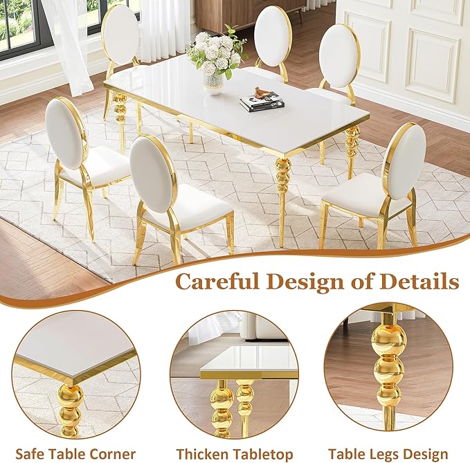 7 Piece Dining Table Set, 70 Inch Rectangular Glass Kitchen Table with 6 Round Back Leather Chairs, for Dining Room, Living Room, Restaurant (Gold-White)