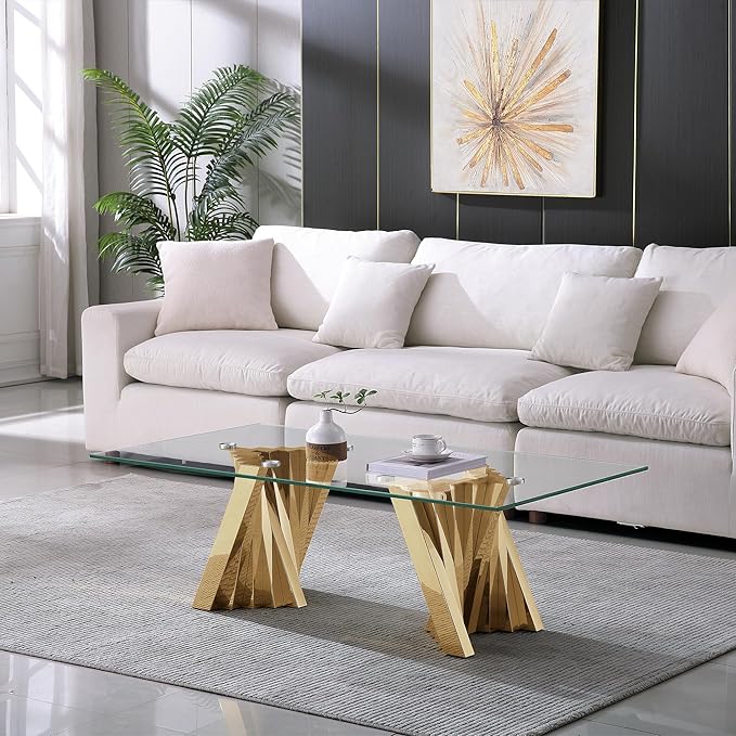 Henf Gold Glass Coffee Table with Mirrored Stainless Steel Base, 51" Rectangle Modern Living Room Cocktail Table for Home Office