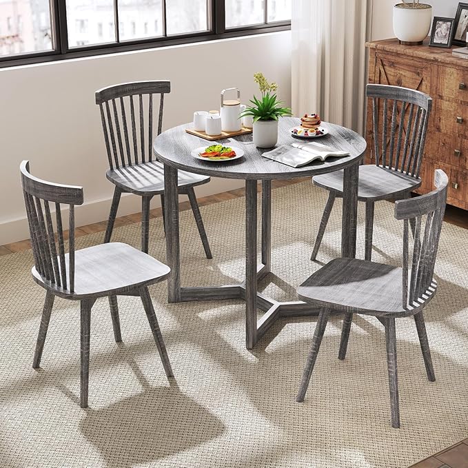 36’’ Round Dining Table, Dinner Table for 4 w/Rubber Wood Legs & Wing-Shaped Frame, Farmhouse Kitchen Table for Dining Living Room, Apartment, Bar, Restaurant, Bistro (Gray)