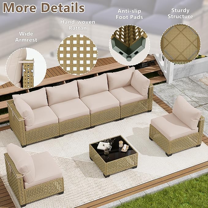 LOUVIXA 7 Piece Outdoor Patio Furniture Set, Outdoor Sectional Sofa, Wicker Rattan Patio Furniture, Patio Conversation Set with Coffee Table & Cushions