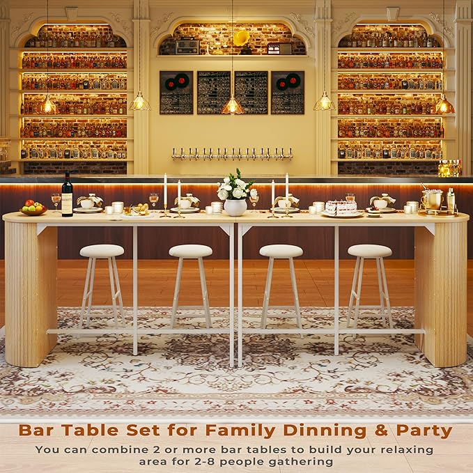 Fluted Bar Table and Chairs Set, 55'' Long Bar Tables with 2 Stools, 3 Piece Counter Height Dining Table for 2, Space Saving Kitchen Table for Bar, Dining Room, Kitchen, Breakfast Nook Corner, Natural