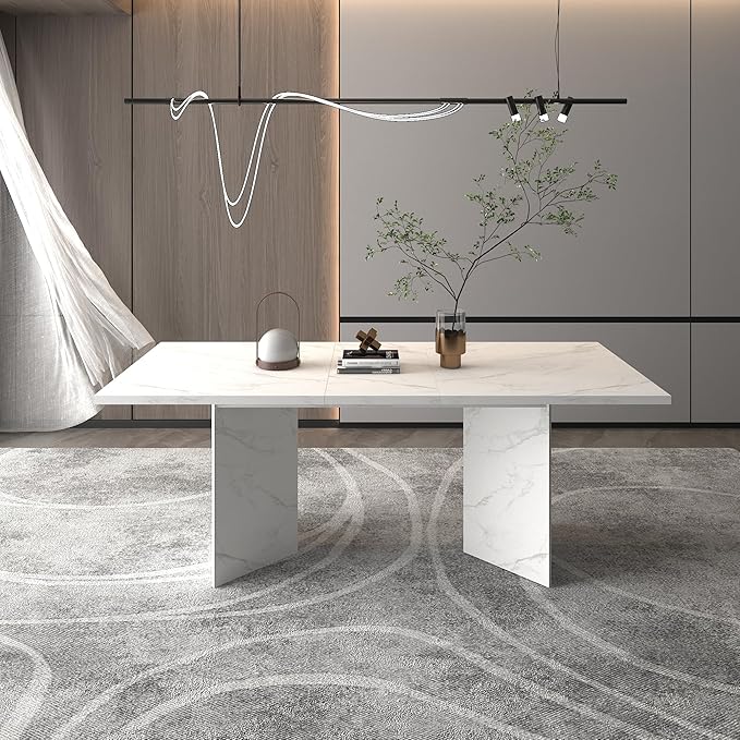 Extendable Dining Room Table for 6 8 10, Modern Faux Marble Wooden Long Large Rectangular Expanding Conference Kitchen Table, White
