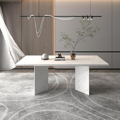 Extendable Dining Room Table for 6 8 10, Modern Faux Marble Wooden Long Large Rectangular Expanding Conference Kitchen Table, White