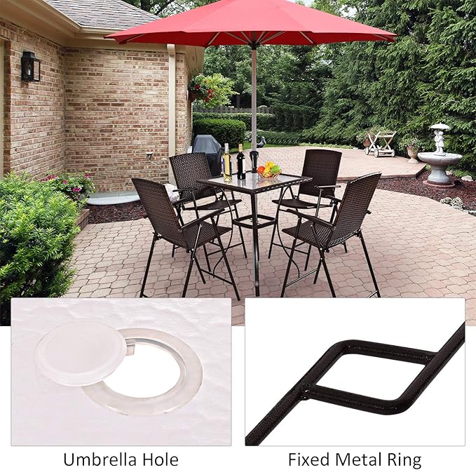 LDAILY Moccha 28.5" Patio Table, Outdoor Dining Bistro Table w/Umbrella Hole, Tempered Glass Top & Steel Frame, Backyard Balcony Furniture Garden Table