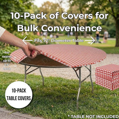 Kwik-Covers 10 Pack of Round Plastic Table Covers - 60" or 72" Round - Indoor or Outdoor Fitted Covers (Tables NOT Included) (Red Gingham, 72" Round)