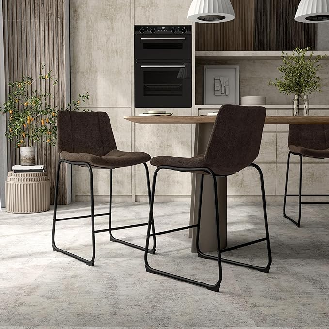 Furniture of America Veradis Modern Bentwood Counter Height Dining Chairs Set of 2, Chenille Fabric Bar Stool with Back and Metal Frame, Upholstered Seating for Kitchen, Living Room, Brown, 35 inch