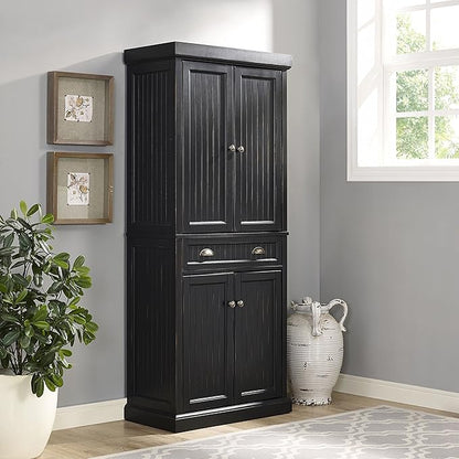 Crosley Furniture Seaside Coastal Pantry Storage Cabinet with Shelves, Kitchen, Dining, or Laundry Room, Distressed Black