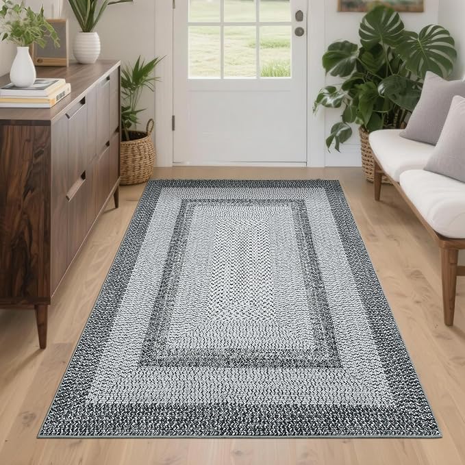 Printed Washable Rugs 3x5 Rug for Living Room Modern Rug Non Slip Entryway Rug Braided Pattern Soft Low Pile Non Shedding Stain Resistant Carpet for Bedroom Office Nursery 3'x5' Grey