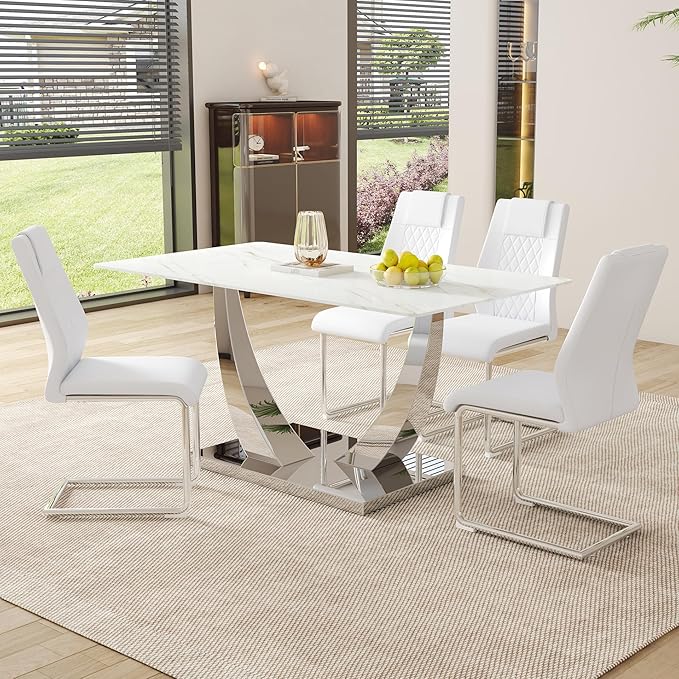 AZmac 63'' White Dining Table, Faux Marble Dining Room Table for 4-6, Tempered Glass Dinner Table with Silver Chrome U Shaped Legs for Kitchen Dining Room