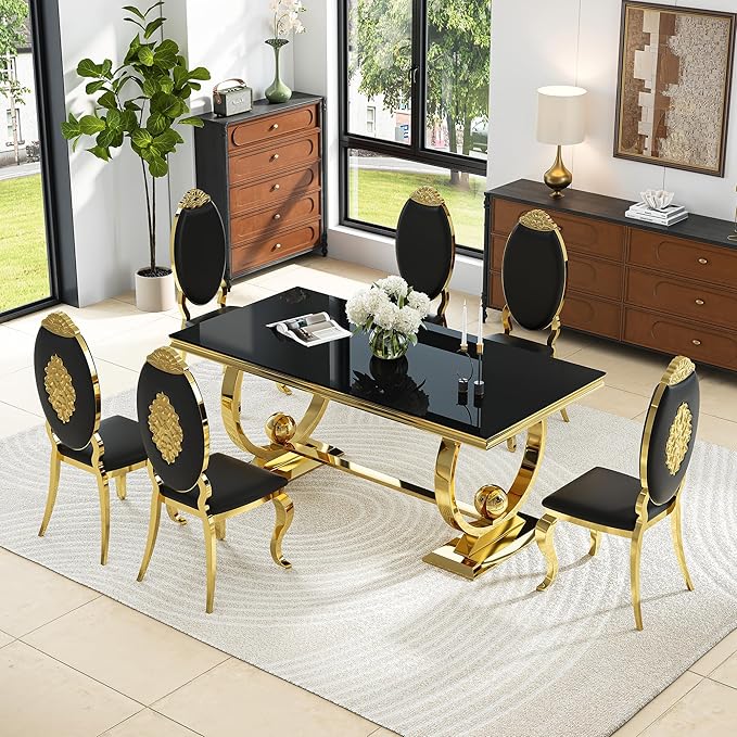 7-Piece Modern Dining Table Set, 70" Black Tempered Glass Kitchen Table with Gold Polished Stainless Steel U-Shaped Pedestal Base and 6 Black PU Leather Chairs with Mirrored Legs, for Dining Room