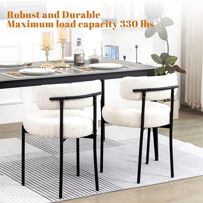 DYHOME White Boucle Dining Chairs Set of 2, Mid Century Modern Kitchen Chairs, Upholstered Dining Room Chairs with Curved Backrest and Black Metal Legs