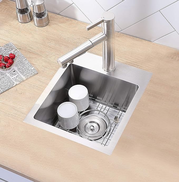 VCCUCINE Bar Sink Drop in,13x15 Inch Topmount RV Small Kitchen Sink,Handmade Stainless Steel Wet Bar Sink,Outdoor Single Bowl,Brushed Nickel Prep Sink with Accessories