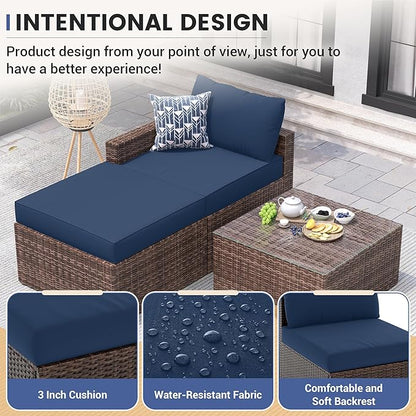 UDPATIO 5 Piece Patio Furniture Set, All-Weather Wicker Outdoor Sectional Sofa,Rattan L Shaped Outdoor Conversation Patio Sectional with Ottoman, Glass Table for Balcony Porch Backyard,Navy Blue