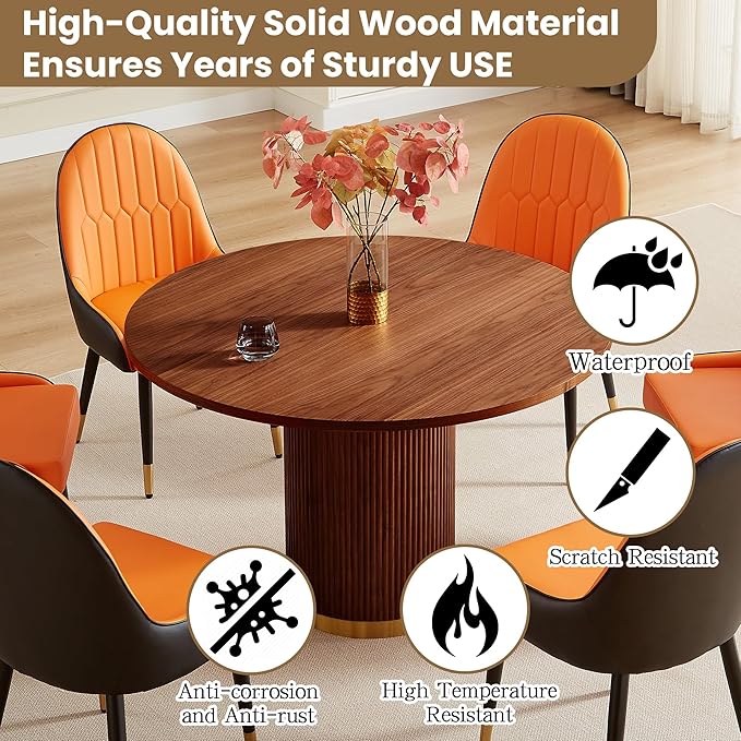Round Dining Table Set for 6, 46.46" Modern Farmhouse Dining Table and 4 Leather Dining Chair, Circle Kitchen Tables with Wood & Gold Stainless Steel Base for Living Room, Kitchen, Brown