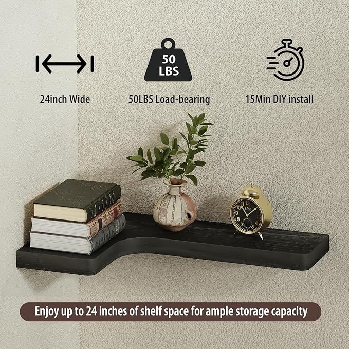 SAUMONIERES Corner Floating Shelves 24 Inch Wall Mount Shelf Solid Wood for Bedroom Bathroom Kitchen Storage Set of 2, Black