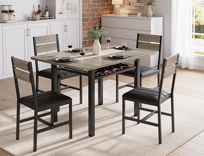 MapleGrace Dining Table Set for 4, Extendable Kitchen Table with 4 PU Leather Upholstered Dining Room Chairs, Wood Kitchen Table Set with Built-in Storage Rack for Dining & Small Spaces, Grey
