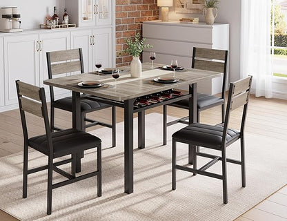 MapleGrace Dining Table Set for 4, Extendable Kitchen Table with 4 PU Leather Upholstered Dining Room Chairs, Wood Kitchen Table Set with Built-in Storage Rack for Dining & Small Spaces, Grey
