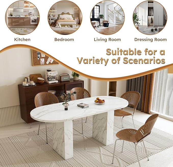 Modern Dining Table for Kitchen Space Saving Kitchen & Dining Room Furniture with Sturdy Frame Construction Easy Assembly 62.9 Inch Oval Farmhouse Table,White-MDF