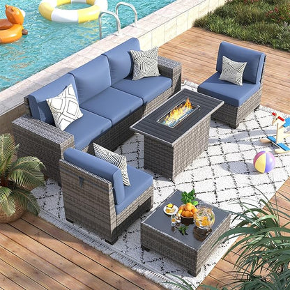 7 Piece Patio Furniture Set with Fire Pit Table, Outdoor Conversation Sets Wicker Rattan Sectional Sofa with Coffee Table for Patio Garden Backyard, 4'' Thickened Cushion Navy Blue