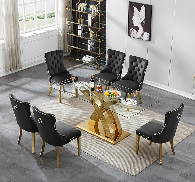 70" Glass Dining Table for 6-8, Modern Dining Room Table with 0.39" Tempered Glass Top and X-Shaped Gold Stainless Steel Base, Rectangle Kitchen Dinner Table for Dining Room