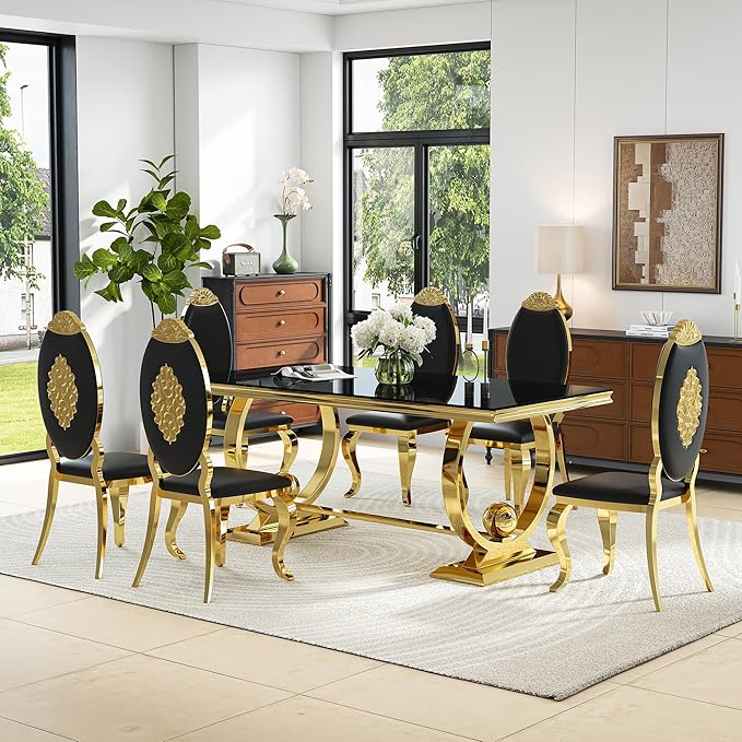 7-Piece Modern Dining Table Set, 70" Black Tempered Glass Kitchen Table with Gold Polished Stainless Steel U-Shaped Pedestal Base and 6 Black PU Leather Chairs with Mirrored Legs, for Dining Room