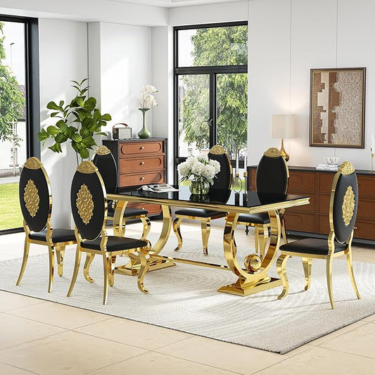 7-Piece Modern Dining Table Set, 70" Black Tempered Glass Kitchen Table with Gold Polished Stainless Steel U-Shaped Pedestal Base and 6 Black PU Leather Chairs with Mirrored Legs, for Dining Room