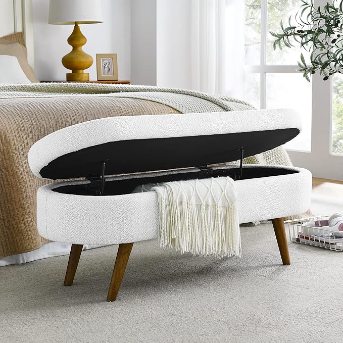 Modern Ottoman Bench with Storage - Versatile Bedside Pouf, Footstool, Toy Storage Ottoman for Bedroom, Living Room, Hallway Entryway, Multi-Use Furniture,White-Linen
