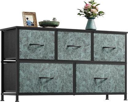 WLIVE Dresser for Bedroom with 5 Drawers, Wide Chest of Drawers, Fabric Dresser, Storage Organizer Unit with Fabric Bins for Closet, Living Room, Hallway, Vintage Green