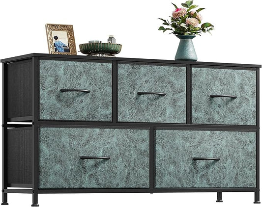 WLIVE Dresser for Bedroom with 5 Drawers, Wide Chest of Drawers, Fabric Dresser, Storage Organizer Unit with Fabric Bins for Closet, Living Room, Hallway, Vintage Green