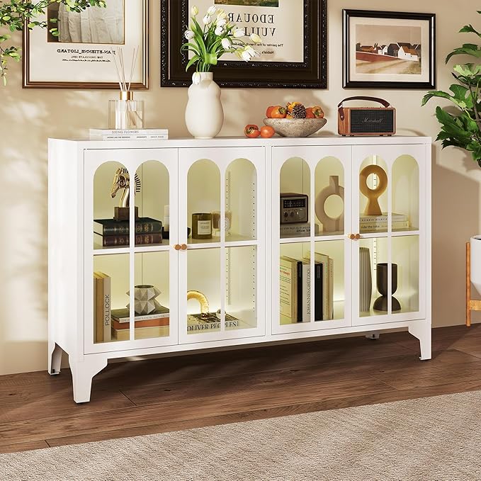 Foreate Sideboard Buffet Cabinet with Glass Door & LED Light, 53.2" Large Buffet Cabinet with Storage & Adjustable Shelf, Farmhouse Sideboard Credenzas Metal Kitchen Buffet, White
