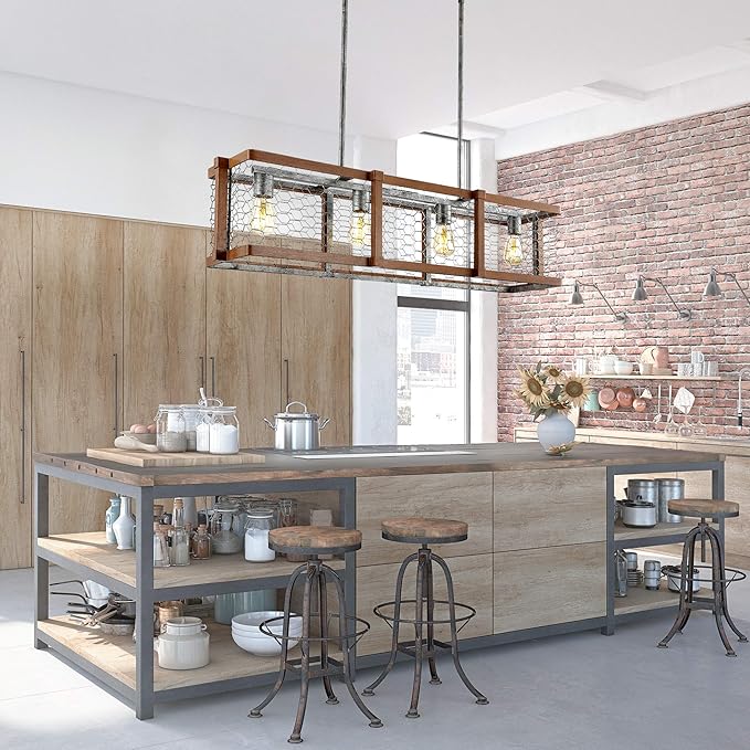 JONATHAN Y 34.5" Brown and Antiqued Silver 4-Light Iron Linear Pendant, Rustic Industrial Adjustable Kitchen Island Chandelier, Farmhouse Cage Light, LED Bulbs Included JYL7519A