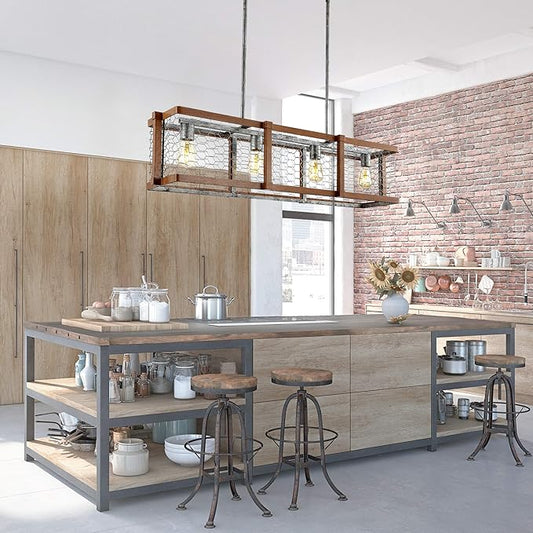 JONATHAN Y 34.5" Brown and Antiqued Silver 4-Light Iron Linear Pendant, Rustic Industrial Adjustable Kitchen Island Chandelier, Farmhouse Cage Light, LED Bulbs Included JYL7519A