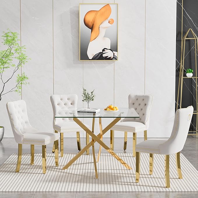 Glass Dining Table,36'' Square Dining Kitchen Table,Modern X-Design Dining Room Table with Gold Metal Base for Dining Room