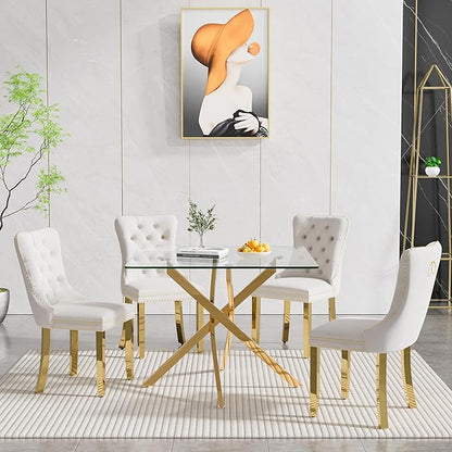 Glass Dining Table,36'' Square Dining Kitchen Table,Modern X-Design Dining Room Table with Gold Metal Base for Dining Room