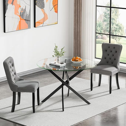 Modern Glass Dining Table Round Dining Room Table with Tempered Glass Top, Black Metal Legs Circle Kitchen Dining Room Table Home Furniture, 36" D x 36" W x 30" H